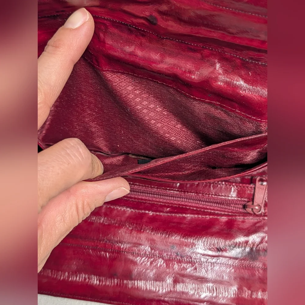 Vintage Burgundy Genuine Eel SkinLeather Trifold Wallet